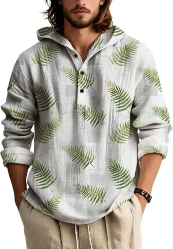Vista 6 de Sudadera con capucha con estampado bohemio para hombre, de otoño, a la moda, con un cuarto de botón, manga larga, holgada, con capucha, de gran