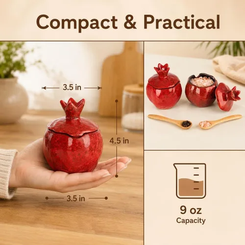 Vista 5 de Sal Bodega 2 PCS Cerámica Granada En Forma De Tazón De Sal Con Tapa Y Cuchara 2-pack ceramic pomegranate spice bowls with mottled red glaze, lids