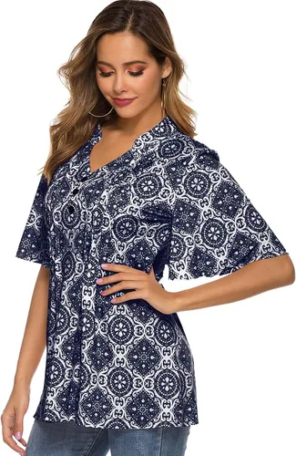 Vista 3 de HOCOSIT - Camiseta de manga corta con olanes y cuello en V con estampado de flores, plisada y abotonada, para mujer