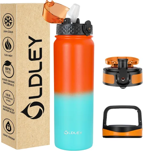 Vista 47 de Botella de agua aislada Oldley de 12 oz con pajita, botella de agua de acero inoxidable con 2 tapas, botellas de doble pared con vacío para adultos