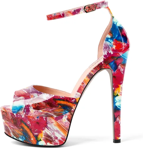 Vista 2 de SHOWFOREST Zapatos de tacón alto con hebilla de punta abierta para mujer, sexy, club nocturno, patente, correa de tobillo, tacón alto, 6 pulgadas