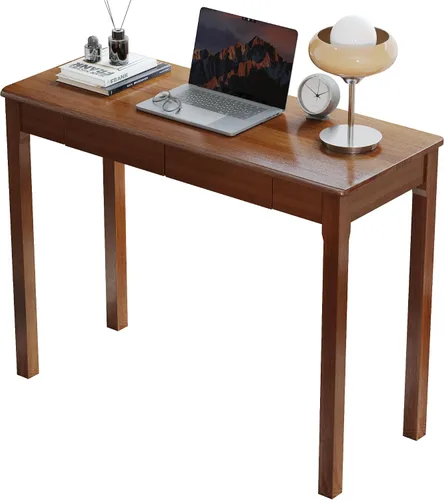 Vista 21 de Escritorio de madera maciza con cajones, escritorios estrechos simples de 24 x 16 pulgadas, mesa de estudio de madera de goma, escritorio pequeño