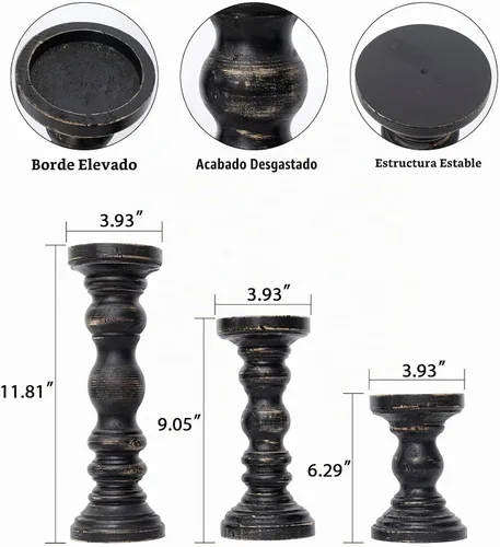 Vista 3 de SWALLOWLIVING Juego de 3 Portavelas de pilar de madera estilo rústico granjero para candelabro, Negro