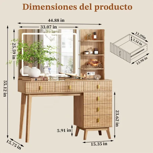Vista 8 de Escritorio grande de maquillaje con espejo y luces, escritorio de tocador con 6 cajones y estantes de almacenamiento, mesa de tocador con toma