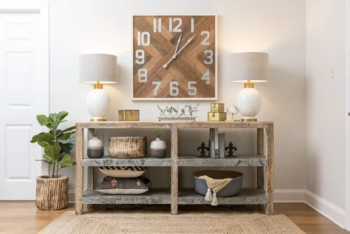 Vista 2 de Creative Co-Op Farmhouse Square Herringbone Wood Inlay and Metal Wall Clock, Distressed Brown