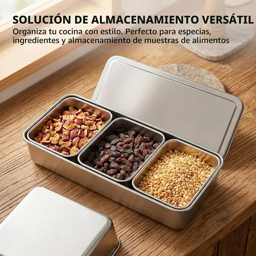 Vista 3 de Caja de condimentos de acero inoxidable con 3 compartimentos con tapa, organizador rectangular de condimentos para especias, coberturas, 13 x 5.5 x