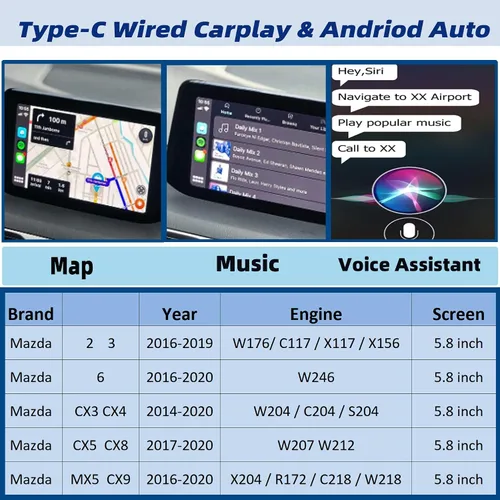 Vista 2 de Dasbecan TK78-66-9U0C Tipo-C Kit de reajuste de Apple CarPlay y Android Auto para Mazda Compatible con Mazda 2 3 6 CX3 CX5 CX9 MX5 2014-2020