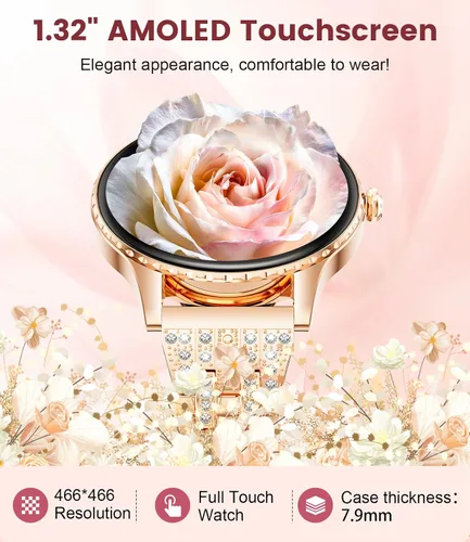 Vista 6 de Relojes inteligentes para mujeres con pantalla AMOLED de 1.32", llamadas por Bluetooth, 121 modos deportivos, monitor de frecuencia cardíaca