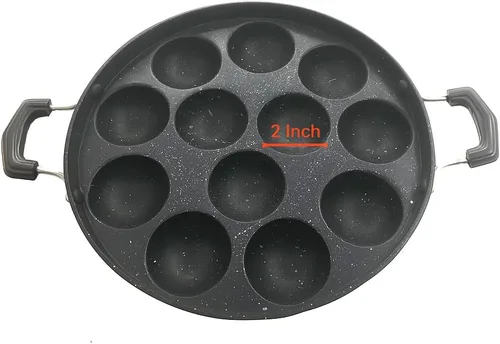 Vista 5 de Sartén antiadherente Appam – 12 hoyos con tapa de acero inoxidable para Appam, Paniyaram, Aebleskiver y Paddu Mango resistente al calor Appe Maker