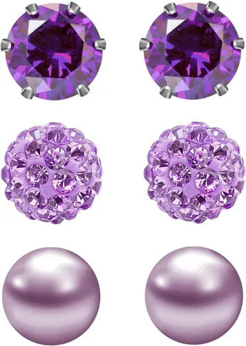 Vista 28 de JewelrieShop - Juego de aretes de tuerca de acero inoxidable con circonitas cúbicas y perlas de imitación, 3 pares de 0.236 in
