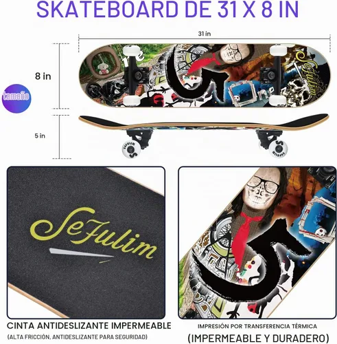 Vista 3 de 31 x 8 Inch Complete Skateboard, 7 Layer Canadian Maple Double Kick Deck