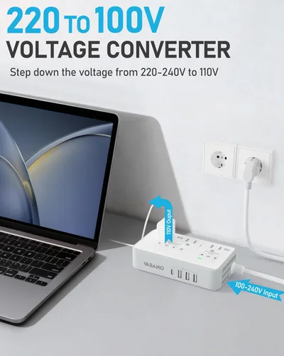Vista 7 de Convertidor de voltaje de 220 V a 110 V de EE. UU. a Europa, convertidor de voltaje de 2000 W para viajes europeos con 3 puertos AC 2 USB-C 2 USB-A