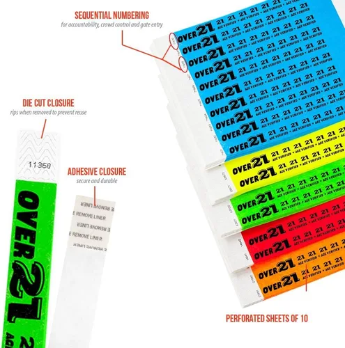 Vista 2 de 500 pulseras Tyvek de WristCo Paquete Variado Mayores de 21 - ¾" x 10" - Pulseras de papel impermeables, reciclables, cómodas, resistentes a