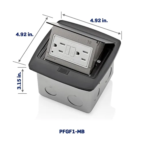 Vista 3 de Leviton Caja de suelo emergente con salida de 15 A, salida GFCI de autoprueba resistente a manipulaciones, PFGF1-MB, color negro