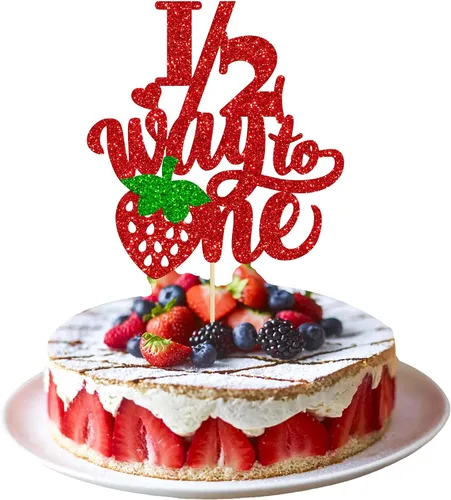 Vista 15 de Gyufise 1 pieza de fresa Sweet One Cake Topper Glitter First Birthday Strawberry Cake Pick para el tema de fruta dulce, baby shower, fiesta