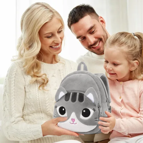 Vista 6 de HONGTEYA Mochila de felpa suave para niños pequeños, Rosado, Cara de gato