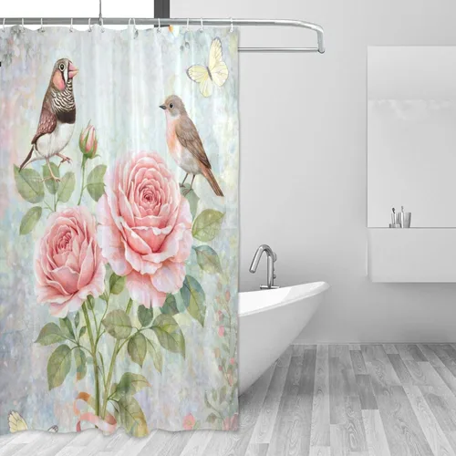 Vista 39 de MNSRUU Fabric Shower Curtain, Flowers and Butterflies Pink Waterproof Polyester Curtains with Hooks for Home Bathroom Decorative