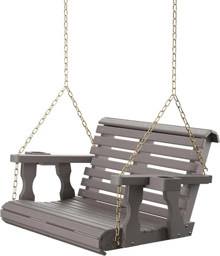 Vista 25 de Columpio Amish resistente para terraza (800 lb) con cadenas para colgar y posavasos Tinte negro semisólido