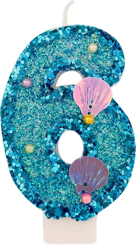 Vista 14 de Vela de número azul, velas de número con lentejuelas en forma de concha para pasteles de cumpleaños, suministros para fiestas con temática