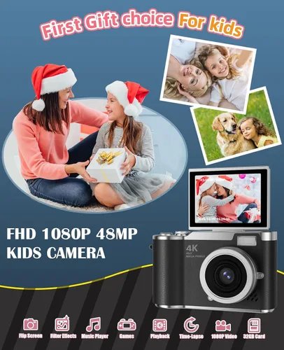 Vista 6 de Cámara para niños, cámara digital 4K para fotografía, cámara de video selfie HD 1080P de 48MP, con pantalla giratoria de 180° y flash, con tarjeta