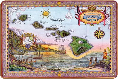 Vista 5 de Pacifica Island Art Map of Old Hawaii - The Islands of Hawaii - Mapa vintage de Steve Strickland - Cartel de metal vintage de 8 x 12 pulgadas