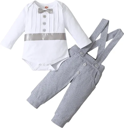 Vista 7 de IWEMEK Traje de bautizo para bebés y niños, con corbatín y tirantes, pantalones de esmoquin de boda, traje de caballero, anillo de portador Todo