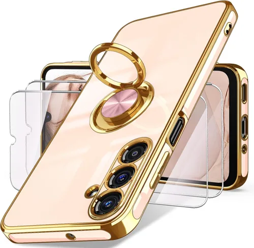 Vista 10 de Dretal Funda para Samsung Galaxy A15 5G, protector de pantalla, soporte de anillo giratorio de 360°, soporte magnético, borde dorado plateado, funda
