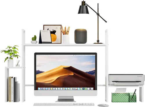 Vista 8 de WelFurGeer Organizador de Estante de Escritorio LED con Tira de Luz RGB, Estante de Escritorio de 2 Niveles para Monitor de Computadora, Marco