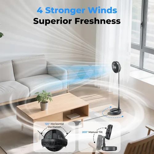Vista 4 de AMACOOL Ventilador oscilante plegable de 8 pulgadas, funciona con batería de 10000 mAh con control remoto y temporizador, ventilador de pie portátil