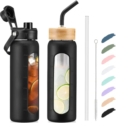 Vista 32 de Botella de agua Kodrine con pajita, botella de vidrio de 24 oz con 2 tapas, una de pajita de bambú y otra con pico y asa, botella de vidrio