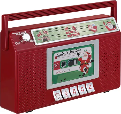 Vista 5 de Mr. Christmas Santa's Boom Box Radio – Boombox de Navidad retro de 10 pulgadas con luces LED, 9 canciones navideñas, 3 estaciones de radio de Santa