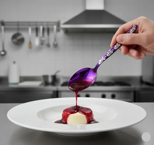 Vista 2 de Chef Kunz Cuchara morada Cuchara de cocina plateada de acero inoxidable 18/10 Cuchara de cocina plateada de 9 pulgadas para salsar, chapar