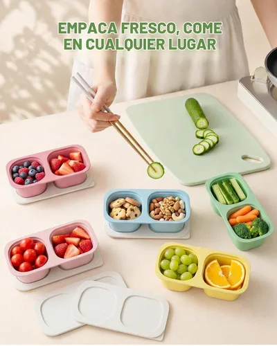 Vista 9 de Paquete de 5 recipientes reutilizables con tapas, 2 compartimentos pequeños Bento, lonchera de paja de trigo sin BPA para la escuela, viajes