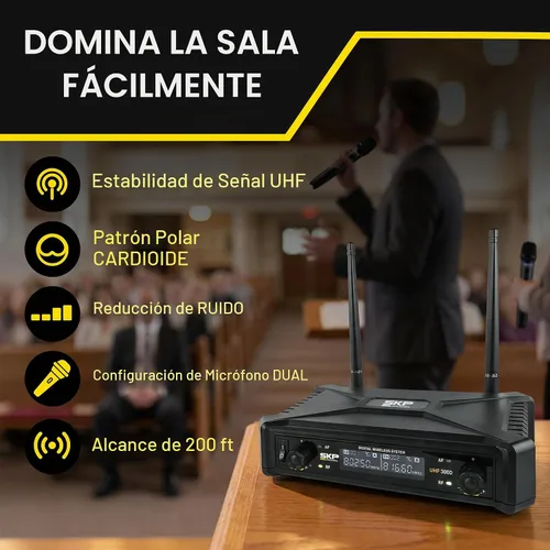 Vista 3 de SKP Pro Audio Sistema de micrófono inalámbrico UHF-300D - Micrófonos inalámbricos de mano dobles con baterías AA, rango de 200 pies, pantalla LCD