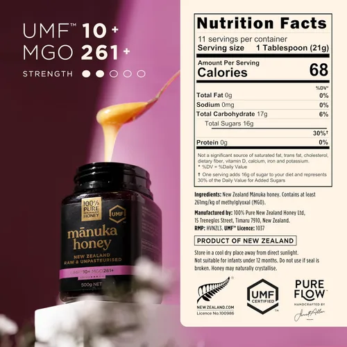 Vista 2 de Miel de Manuka UMF 10+ (MGO 261+) 100% Miel Pura de Nueva Zelanda - Certificada. Cruda, 8.8 Oz (250g) Raw & Unfiltered Manuka Honey UMF 10+