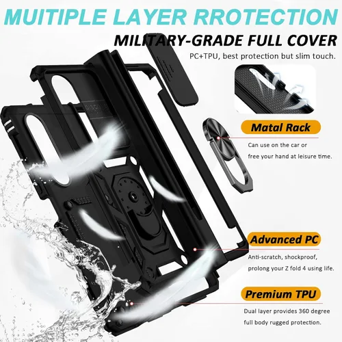 Vista 5 de Miimall Funda compatible con Samsung Z Fold 4 con protección de bisagra, soporte para bolígrafo, cubierta de cámara, soporte de anillo, soporte