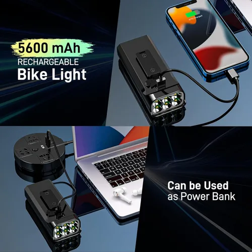 Vista 5 de Luces de bicicleta de 5800 lúmenes, 6 luces LED recargables para bicicleta Super Bright,10 Mode Headlight Taillight, 360° Rotatable Bracket
