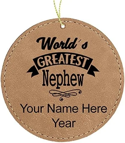 Vista 2 de LaserGram Personalized Christmas Ornament, World's Greatest Nephew, Faux Leather, Custom Laser Engraved Gift Idea (Round Shape, Black with Gold)