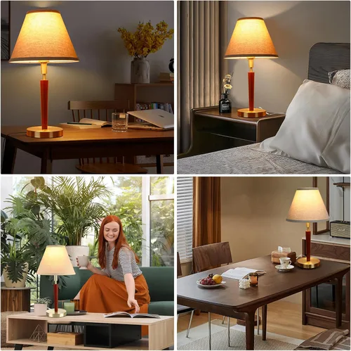 Vista 6 de Lámpara de mesa de madera moderna de mediados de siglo, control táctil y lámpara de noche regulable de 3 vías para dormitorio, sala de estar, mesita