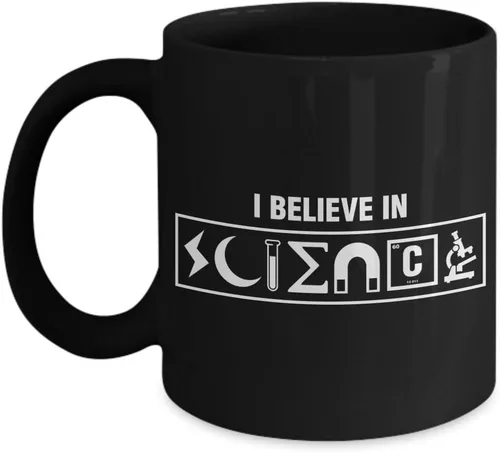Vista 2 de I Believe in Science estudio conocimiento hechos taza de café, 11onza, Negro