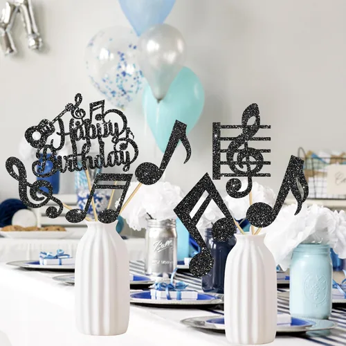 Vista 8 de Palillos de centro de mesa de notas musicales, 12 piezas de temática musical, decoración de cumpleaños, centros de mesa de fiesta musical, símbolos
