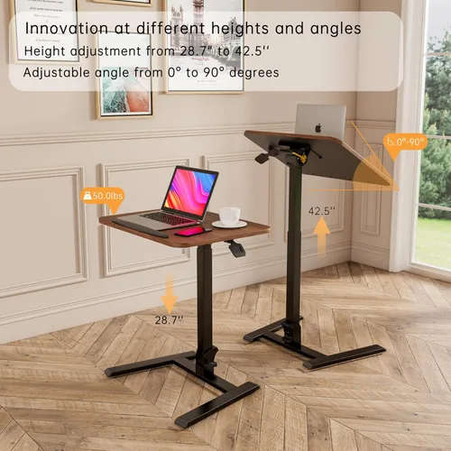 Vista 8 de alawooder 25" Mobile Folding Desk: Pneumatic Sit-Stand, No Assembly Escritorio para portátil con ruedas ajustables de 29 a 42 pulgadas, ruedas Marrón
