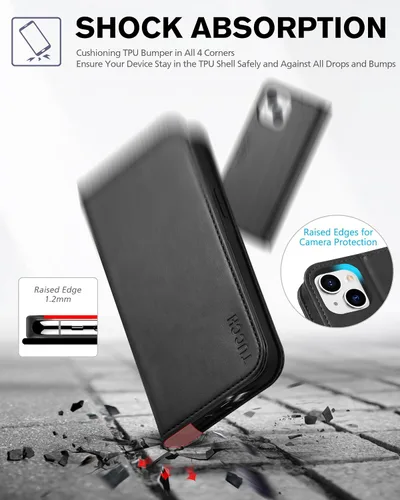 Vista 6 de TUCCH - Funda tipo cartera con 3 ranuras para tarjetas para iPhone 13 (6.1") 2021, color negro Soporte de visión, carcasa de TPU a prueba