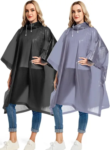 Vista 52 de Ponchos de lluvia reutilizables con capucha con cordón para adultos, abrigo de lluvia grueso impermeable, 2 paquetes