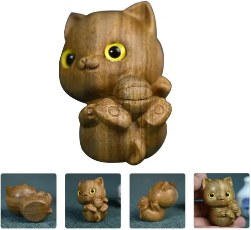Vista 2 de Figura de gato tallada para automóvil, adorno de madera para gato, estatua de gatito pequeño, para amantes de los gatos en miniatura