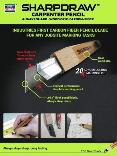 Vista 3 de SHARPDRAW - Lápiz de carpintero de línea fina, grafito reforzado con fibra de carbono para líneas afiladas consistentes, mango de madera real, línea