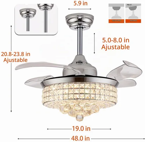 Vista 5 de Ventilador de Techo de Araña de Cristal de 48", Ventilador de Techo de Araña Retráctil Invisible Moderno con Luces, con Control Remoto