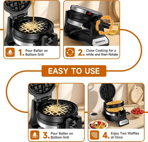 Vista 8 de Waflera, Waflera Belga Doble con Giro de 180°, Plancha para Wafles de 1400W para 8 Rebanadas, Placas Giratorias y Antiadherentes con Bandeja