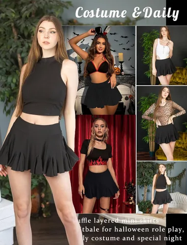 Vista 3 de Avidlove Minifalda para mujer, sexy, plisada, cintura alta, falda patinadora, falda de lencería con volantes, tallas S-XXL