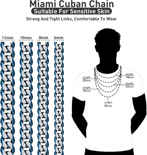 Vista 52 de YAMI Cadena de eslabones cubanos para hombre, azul/negro/oro de 14 quilates, acero inoxidable de 0.394-0.472 in de grosor, collar de cadena